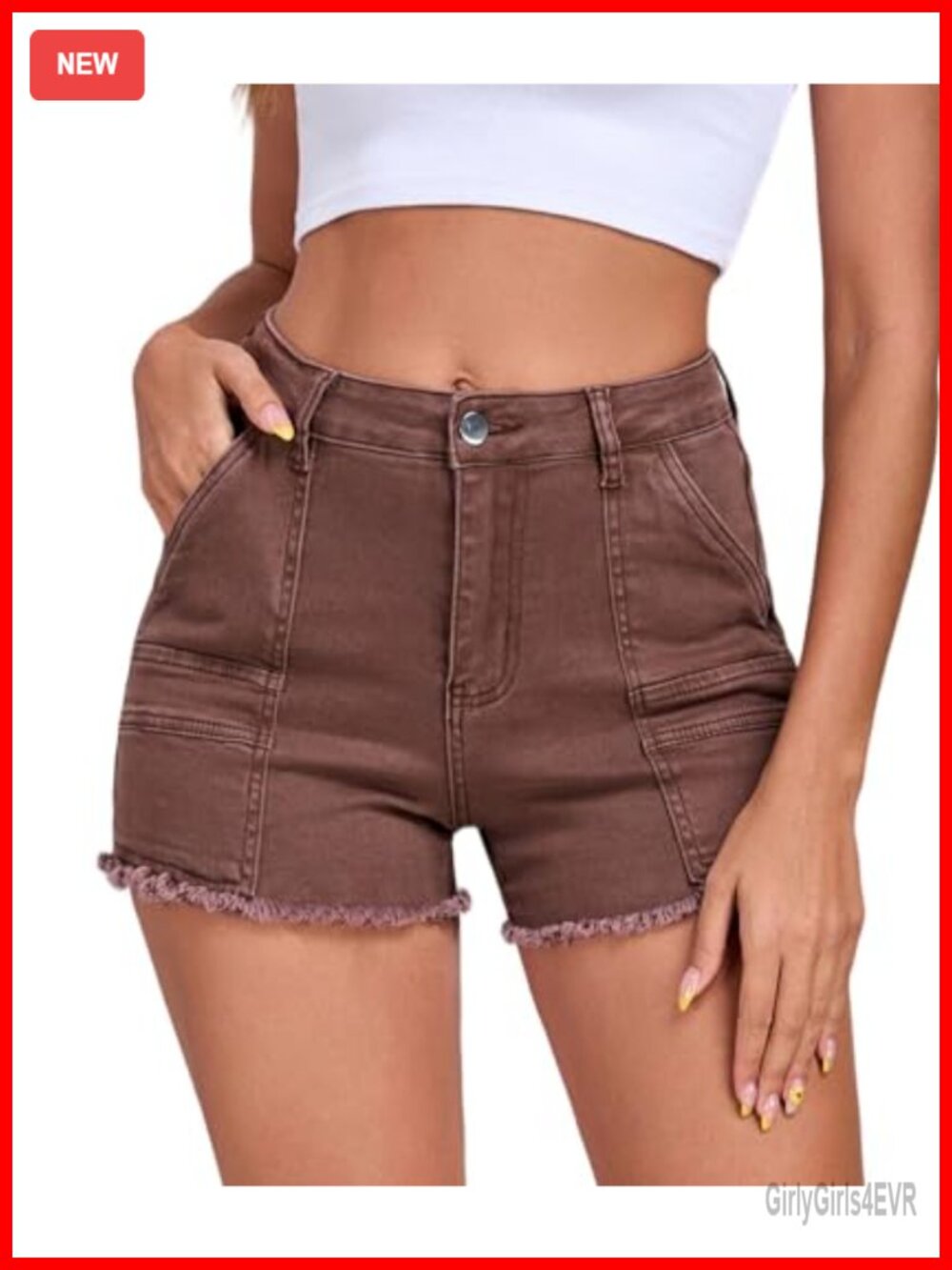 Stretchy Cargo Denim Shorts for Women Mid Rise Raw Hem Jorts with Pockets 3.5"